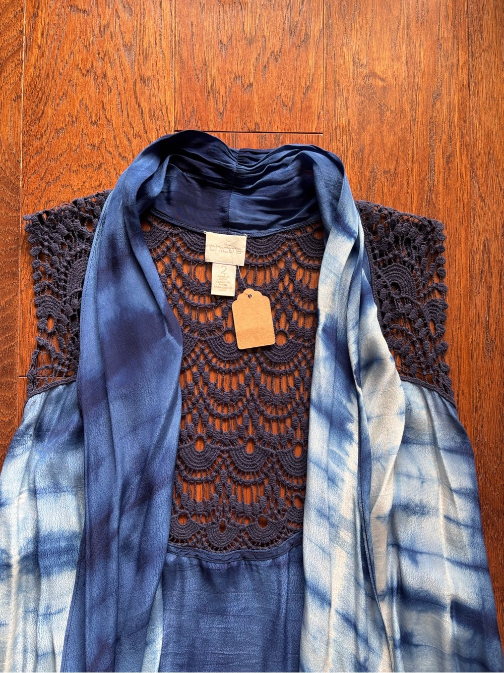Chico's Blue Silky Tie-Dye Crochet Kimono | Size 2 | Cover Up - Picture 5 of 11